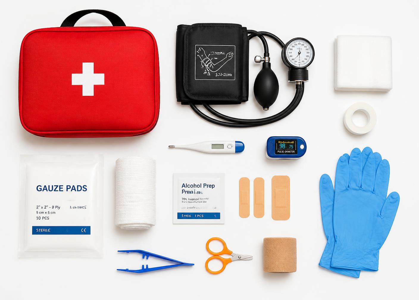 Contents of a medical kit arranged neatly on a white surface