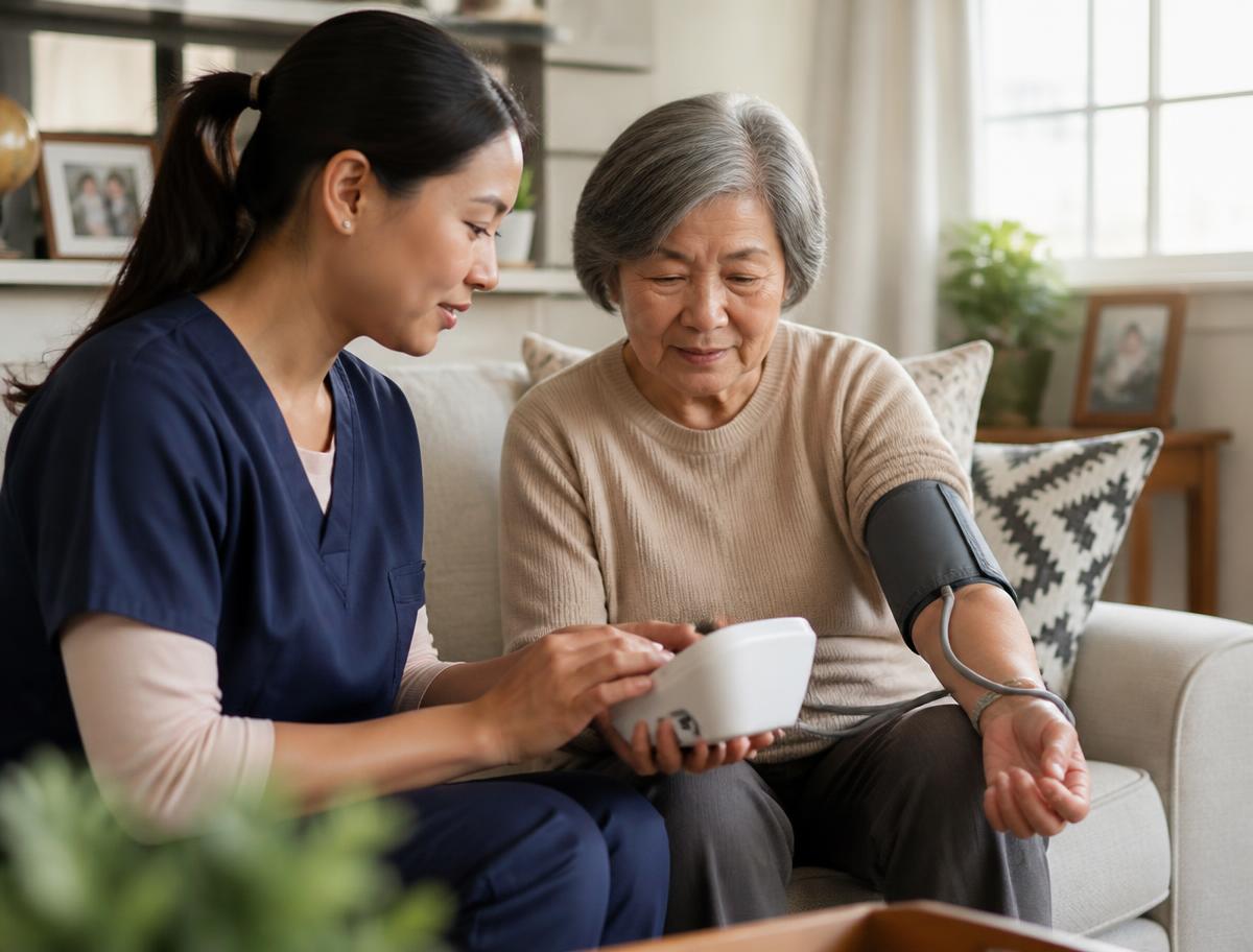 A caregiver assisting an older adult with a home blood pressure monitor