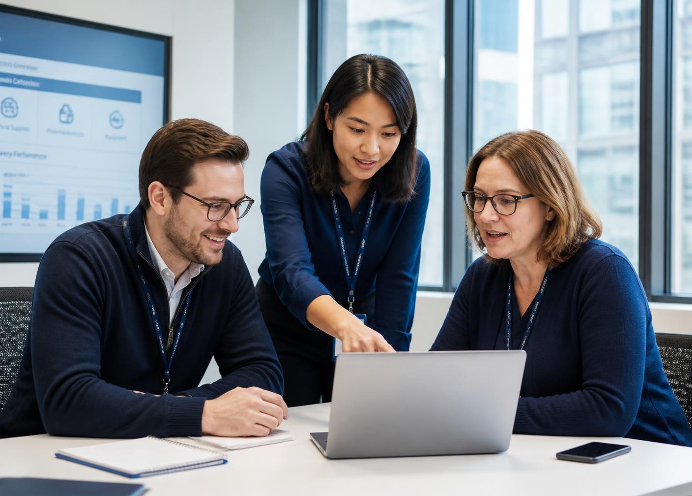 A healthcare procurement team reviewing supply data on a laptop in a bright office